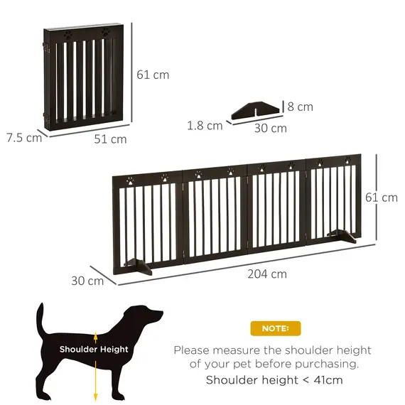 Buy Freestanding Pet Gate 4 Panel Wooden Dog Barrier Folding Safety Fence with Support Feet up to 204cm Long 61cm Tall for Doorway Stairs Brown, 3 image