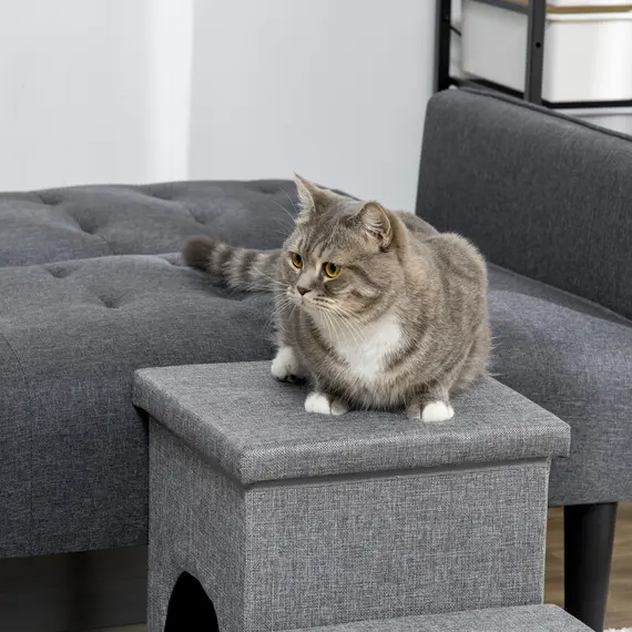 Buy Dog Steps 3-step Pet Stairs with Kitten House and 2 Storage Boxes, 3 in 1 Dog Ramp for Sofa with Washable Plush Cushion, 7 image