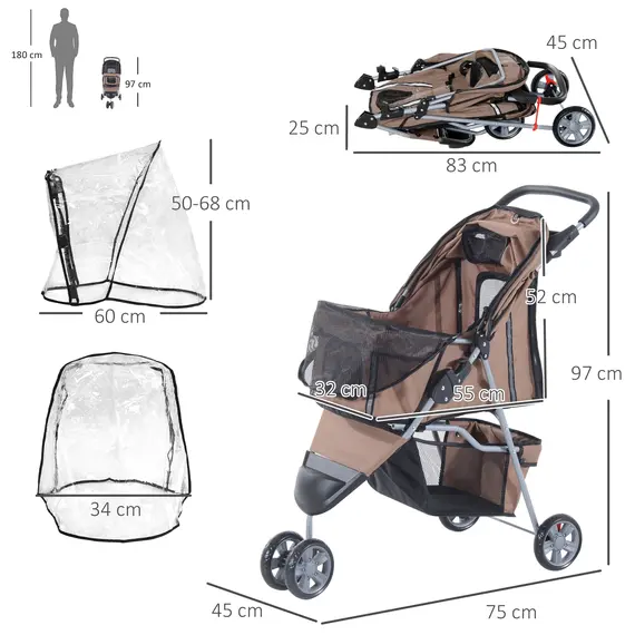 Buy Dog Stroller with Cover for Small Miniature Dogs, Folding Cat Pram Dog Pushchair with Cup Holder, Storage Basket, Reflective Strips, Brown, 3 image