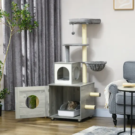 Buy Enclosed Cat Litter Box with Cat House, Cat Bed, Scratching Posts, Platforms, for Indoor Cats - Grey, 2 image