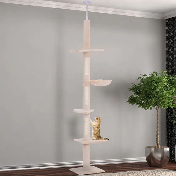 Buy Floor to Ceiling Cat Tree for Indoor Cats 5-Tier Kitty Tower Climbing Activity Center Scratching Post Adjustable Height 230-260 cm Beige, 2 image