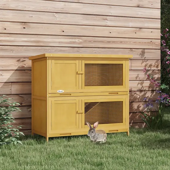 Buy Double Decker Rabbit Hutch 2 Tier Guinea Pig House Pet Cage Outdoor with Sliding-out Tray, 97 x 44 x 91cm, Yellow, 2 image