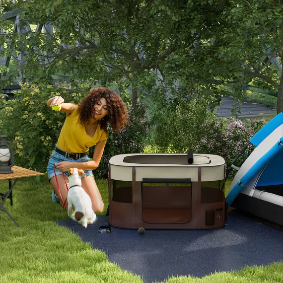 Buy Foldable Dog Pen with Storage Bag for Indoor/Outdoor Use, Portable Pet playpen, with Ground Stakes - Brown, 2 image