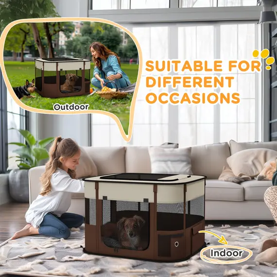 Buy Foldable Dog Pen with Storage Bag for Indoor/Outdoor Use, Portable Pet playpen, with Ground Stakes - Brown, 7 image
