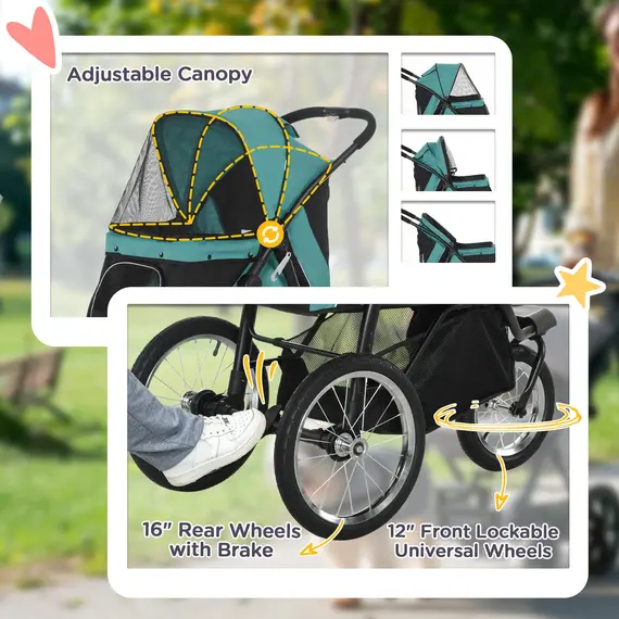 Buy Foldable Pet Stroller Jogger, with Three Wheels, Canopy, for Medium and Small Dogs, Green, 7 image