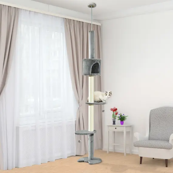 Buy Floor to Ceiling Cat Tree for Indoor Cats, Kitten Tower, Condo, Multi-Layer Activity Center, Indoor Pet Play House with Solid Scratching Post Hanging Balls, Light Grey, 2 image