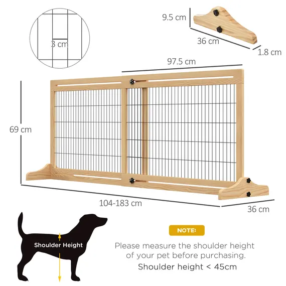 Buy Freestanding Dog Gate, Foldable Pet Fence, Indoor Wood Barrier, Stair Gate with Support Feet, for Doorway, Hallway, Small and Medium Dogs, 69H x 104-183 cm, Natural Wood Finish, 3 image