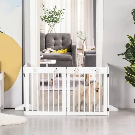 Buy Freestanding Pet Gate 4 Panel Wooden Dog Barrier Folding Safety Fence with Support Feet up to 204cm Long 61cm Tall for Doorway Stairs White, 7 image