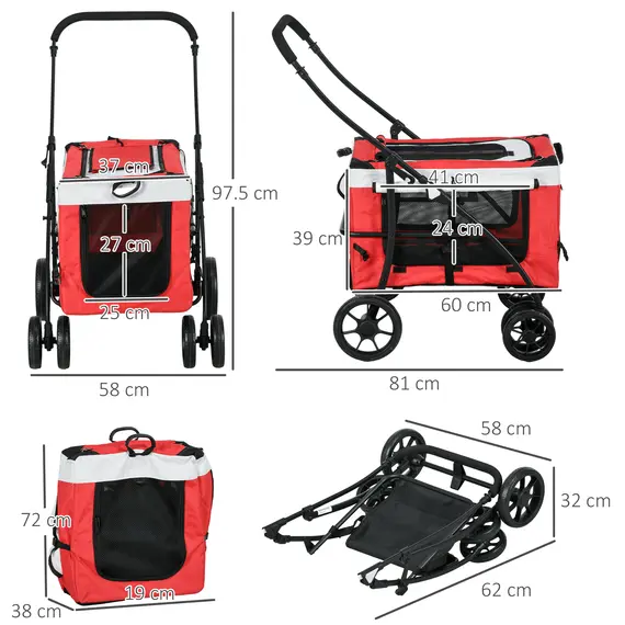 Buy Foldable Dog Stroller, Pet Travel Crate, with Detachable Carrier, Soft Padding, for Mini, Small Dogs - Red, 3 image
