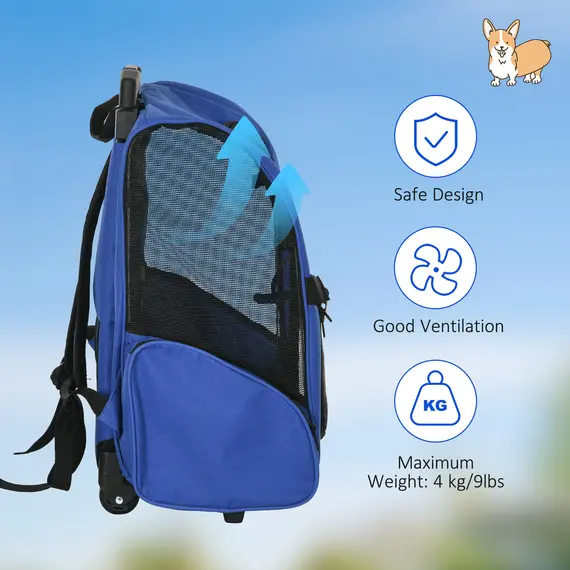 Buy Pet Travel Backpack Bag Cat Puppy Dog Carrier w/ Trolley and Telescopic Handle Portable Stroller Wheel Luggage Bag (Blue), 7 image