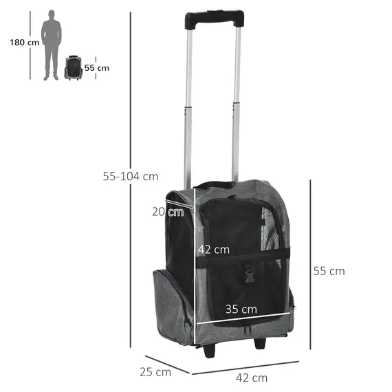 Buy Pet Travel Backpack Bag Cat Puppy Dog Carrier w/ Trolley and Telescopic Handle Portable Stroller Wheel Luggage Bag (Grey), 3 image
