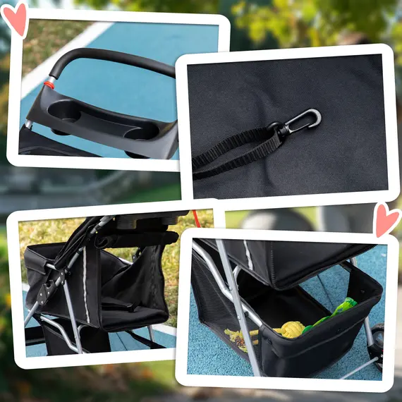 Buy Pet Stroller for Small Miniature Dogs Cats Foldable Travel Carriage with Wheels Zipper Entry Cup Holder Storage Basket Black, 8 image