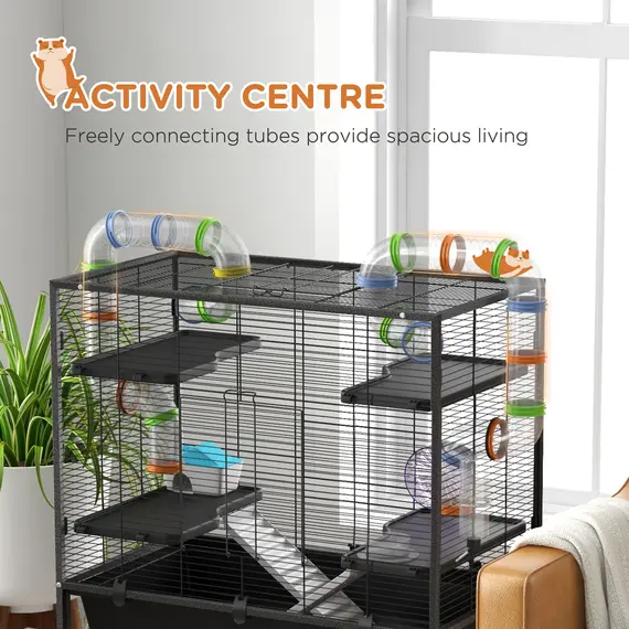 Buy Large Hamster Cage, Gerbil Cage with Tubes, Storage Shelf, Ramps, Platforms, Running Wheel - Black, 4 image