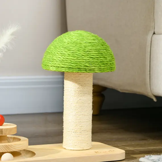 Buy Mushroom-Shaped Cat Scratching Post, with Toy Balls, Feather for Indoor Cats, 35 x 21 x 26cm - Natural Tone, 8 image