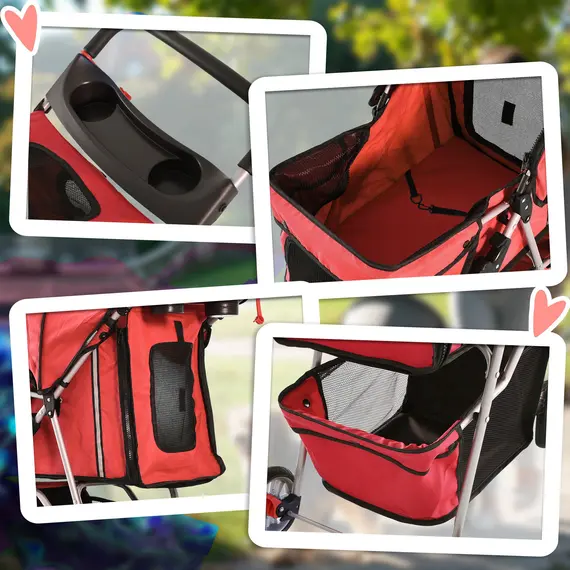 Buy Pet Stroller for Small Miniature Dogs Cats Foldable Travel Carriage with Wheels Zipper Entry Cup Holder Storage Basket Red, 8 image