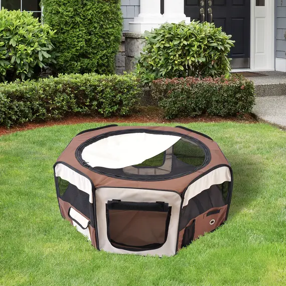 Buy Portable Cat Dog Playpen Pet Puppy Rabbit Guinea Pig Pen Run Dia 90 x 41H cm Indoor & Outdoor Brown, 2 image