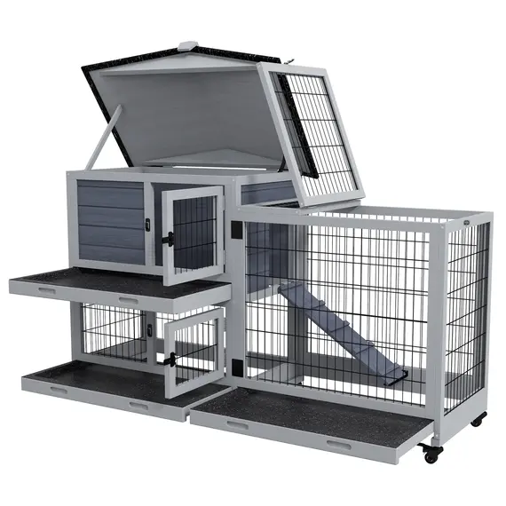 Buy Portable Rabbit Cage, Rabbit Hutch with Run, Wheels, Three Slide-Out Trays, Ramp, Openable Top for Outdoor Indoor - Grey, 9 image