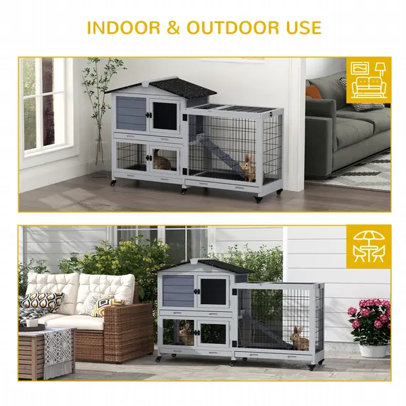 Buy Portable Rabbit Cage, Rabbit Hutch with Run, Wheels, Three Slide-Out Trays, Ramp, Openable Top for Outdoor Indoor - Grey, 8 image