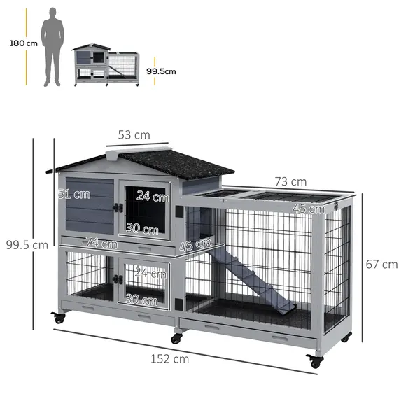 Buy Portable Rabbit Cage, Rabbit Hutch with Run, Wheels, Three Slide-Out Trays, Ramp, Openable Top for Outdoor Indoor - Grey, 3 image