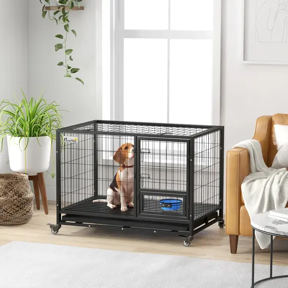 Buy Heavy Duty Dog Crate on Wheels w/ Bowl Holder, Removable Tray, Openable Top, Detachable Door, for L, XL Dogs, 2 image