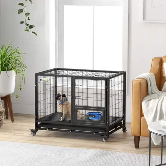 Buy Heavy Duty Dog Crate on Wheels w/ Bowl Holder, Removable Tray, Openable Top, Detachable Door, for M, L Dogs, 2 image