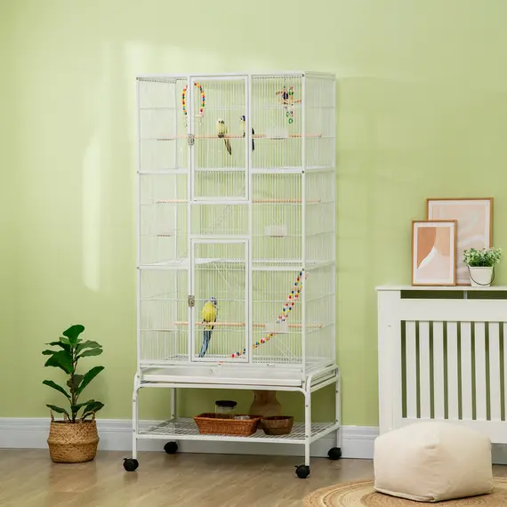 Buy Large Bird Cage Budgie Cage 3 Tier Aviary with Stand Wheels, Toys, Ladders, Shelf for Canaries, Finches, Cockatiels, Parakeets - White, 2 image