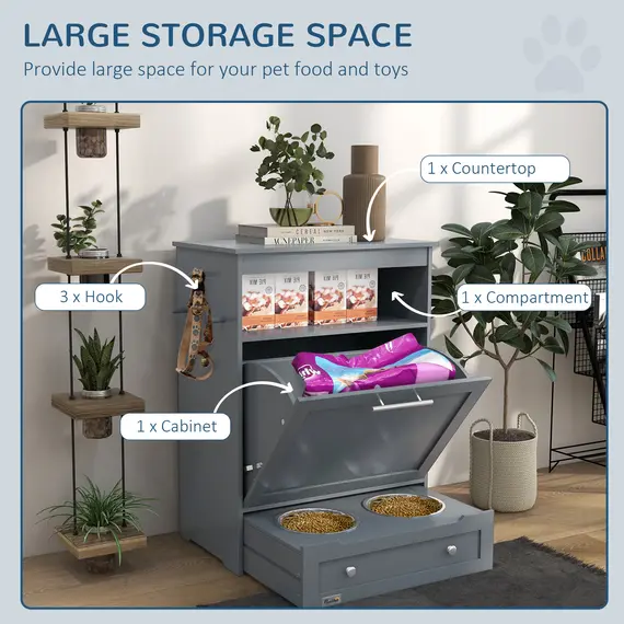 Buy Pet Feeder Station, Dog, Cat Storage Container, with Raised Bowls, Hanger, Cabinet - Grey, 5 image