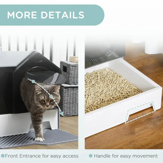 Buy Hooded Cat Litter Tray with Scoop, Cat Litter Box with Drawer Pan, Handle, Deodorants, Hut Design, Front Entrance, 47 x 45 x 42cm - Grey, 7 image