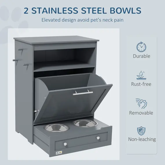 Buy Pet Feeder Station, Dog, Cat Storage Container, with Raised Bowls, Hanger, Cabinet - Grey, 4 image