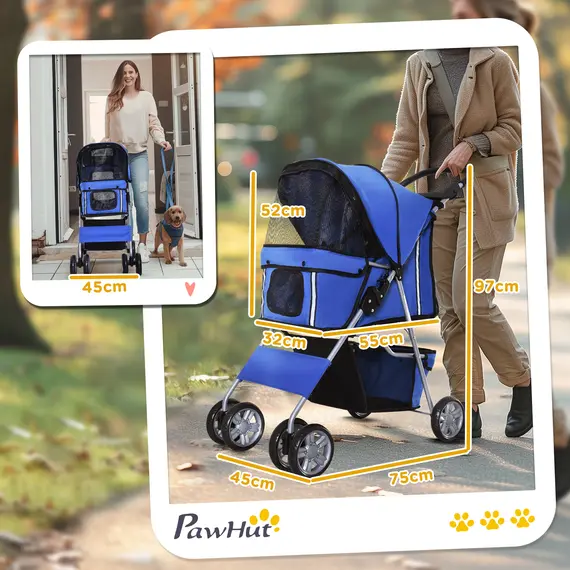 Buy Pet Stroller for Small Miniature Dogs Cats Foldable Travel Carriage with Wheels Zipper Entry Cup Holder Storage Basket Blue, 3 image