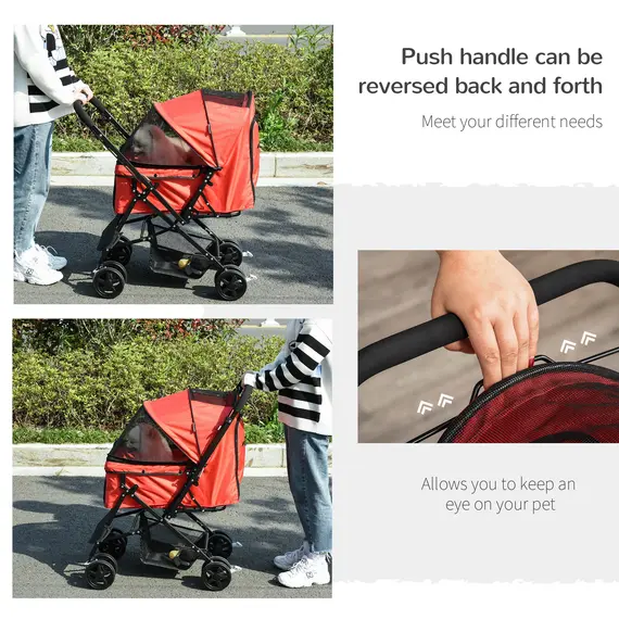 Buy Pet Stroller Pushchair Foldable Travel Dog Cat Carriage w/ Reversible Handle Brake Basket, 6 image