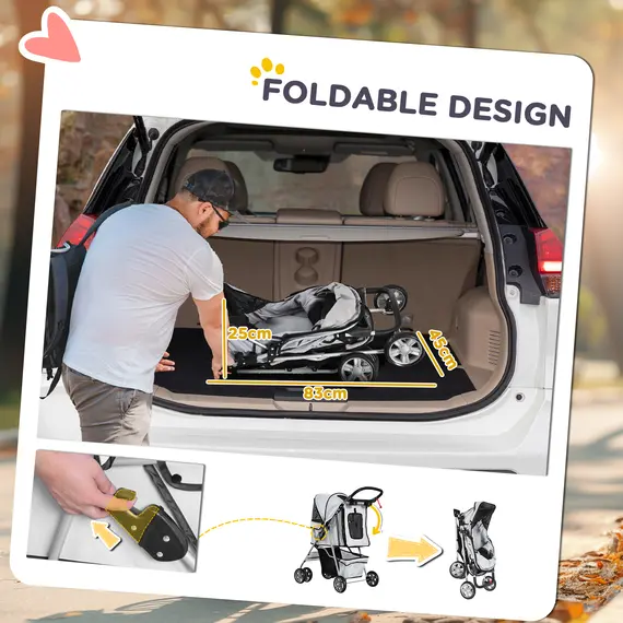 Buy Pet Stroller for Small Miniature Dogs Cats Foldable Travel Carriage with Wheels Zipper Entry Cup Holder Storage Basket Grey, 5 image