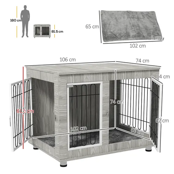 Buy Indoor Dog Kennel w/ Soft Cushion, Double Door for Large Dogs, 106 x 74 x 81.5cm, Grey, 3 image