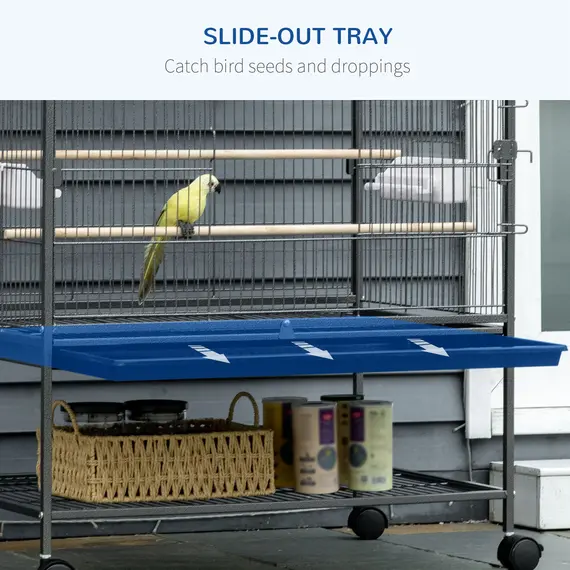 Buy Large Bird Cage Budgie Cage for Finch Canaries Parakeet with Rolling Stand, Slide-out Tray, Storage Shelf, Food Containers, Dark Grey, 4 image