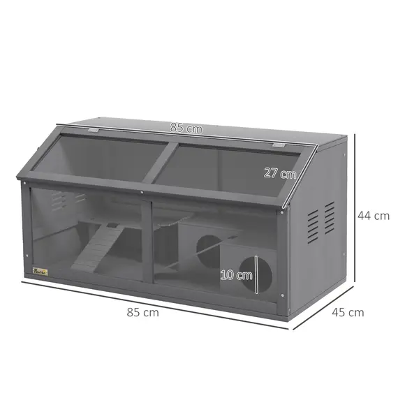 Buy Hamster Cage, Wooden Small Animal Cage for Gerbils, Mice w/ Suspension Bridge, Openable Top, Hut, 85 x 45 x 44cm - Grey, 3 image