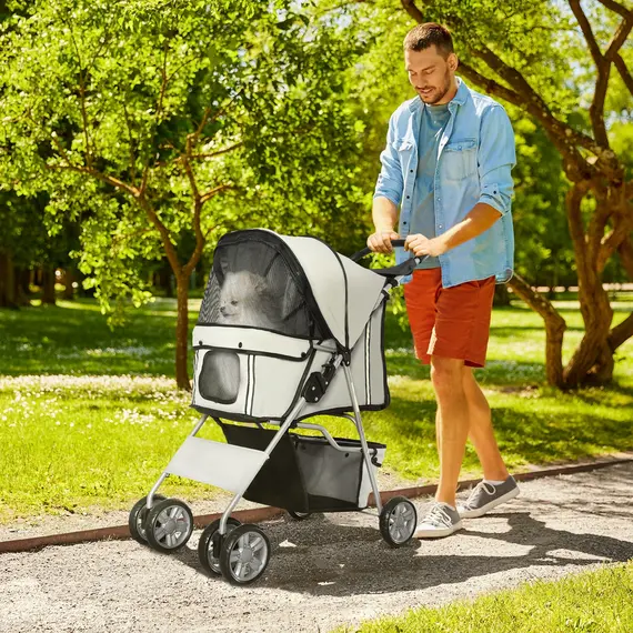 Buy Pet Stroller for Small Miniature Dogs Cats Foldable Travel Carriage with Wheels Zipper Entry Cup Holder Storage Basket Grey, 2 image