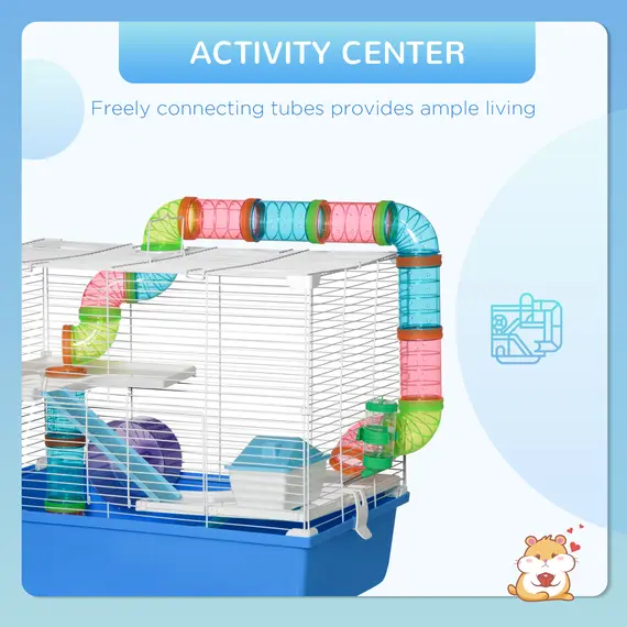 Buy Hamster Cage, Gerbil Cage 3 Tier for Dwarf Hamster with Tube, Exercise Wheel, Water Bottle, Food Dish 59 x 36 x 47 cm- Blue, 7 image