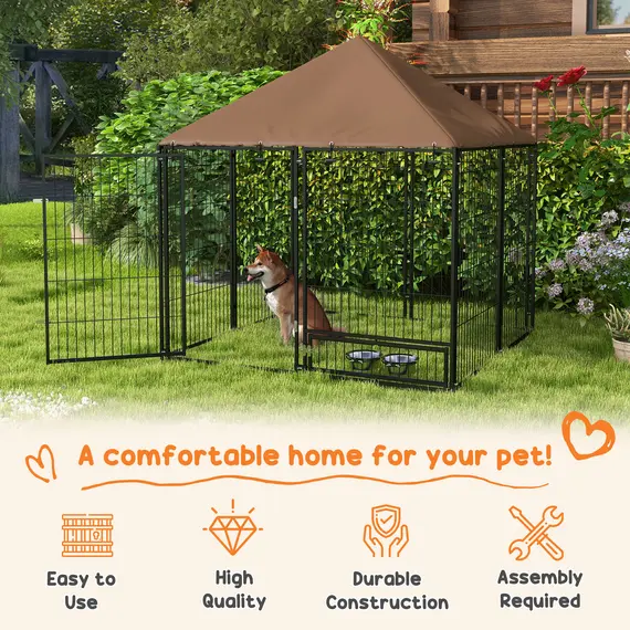 Buy Outdoor Dog Kennel Puppy Play Pen with Canopy Garden Playpen Fence Crate Enclosure Cage Rotating Bowl 141 x 141 x 151 cm, 4 image