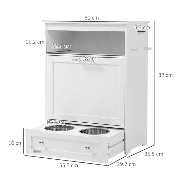 Buy Pet Feeder Station, Dog, Cat Storage Container, with Raised Bowls, Hanger, Cabinet - White, 3 image