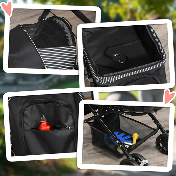 Buy Pet Stroller Pushchair Foldable Travel Dog Cat Carriage w/ Reversible Handle Brake Basket, 9 image