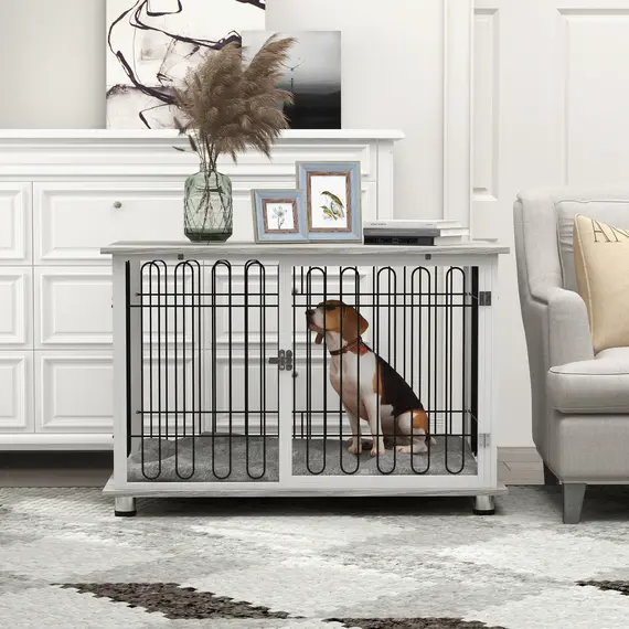 Buy Indoor Dog Crate Furniture, Side End Table, with Soft Washable Cushion, Lockable Doors, for Large Dogs, 9 image