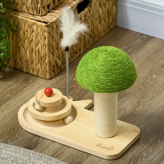 Buy Mushroom-Shaped Cat Scratching Post, with Toy Balls, Feather for Indoor Cats, 35 x 21 x 26cm - Natural Tone, 9 image