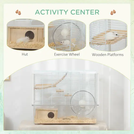 Buy Hamster Cage, Gerbil Cage with Wooden Ramp, Exercise Wheel, Food Bowl - White, 4 image