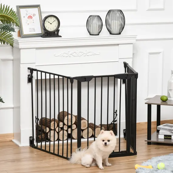 Buy Pet Safety Gate, 3 Panels Playpen Fireplace, Metal Fence, Stair Barrier, Room Divider w/ Walk-Through Door - Black, 2 image