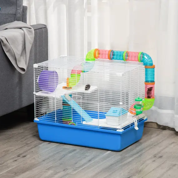 Buy Hamster Cage, Gerbil Cage 3 Tier for Dwarf Hamster with Tube, Exercise Wheel, Water Bottle, Food Dish 59 x 36 x 47 cm- Blue, 2 image