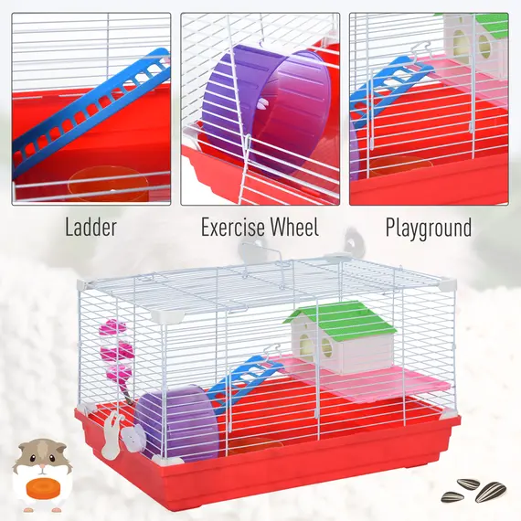 Buy Hamster Cage, Small Gerbil Cage 2 Tiers Portable w/ Handle, Exercise Wheel, Water Bottle, Dishes, 6 image