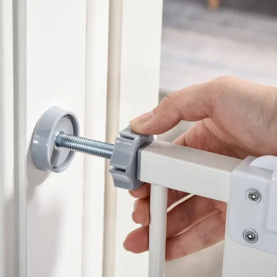 Buy Pressure Fit Safety Gate, Adjustable Dog Gate, Pet Barrier for for Doorways, Staircases and Hallways with Auto Close, Double Locking, Opening 74-80cm, White, 9 image