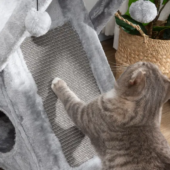 Buy Two Tier Cat Tree for Indoor Cats Play Rest Activity Tower Plush Folding Relax Center w/ Scratching Post Hammock Pom Poms Grey, 9 image