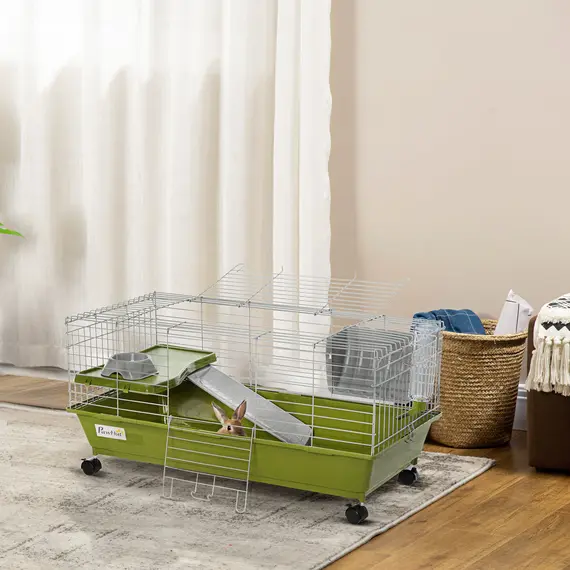 Buy Small Animal Cage Rabbit Guinea Pigs Chinchillas Cage w/ Wheels Water Bottle Food Dish Platform Ramp 89 x 44 x 43 cm Green, 2 image