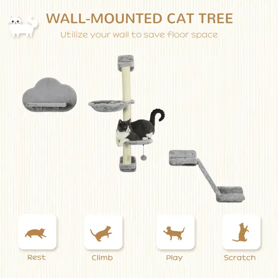 Buy Three-Piece Wall-Mounted Cat Shelves, with Hammock, Ladder, Platforms, Scratching Post - Grey, 4 image